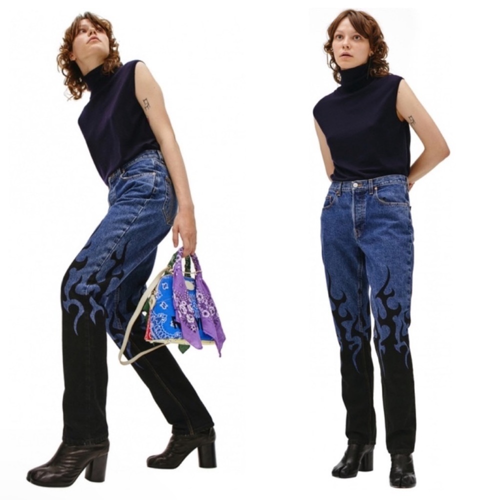 Vetements Flame Printed Strait Leg Denim Blue Jeans